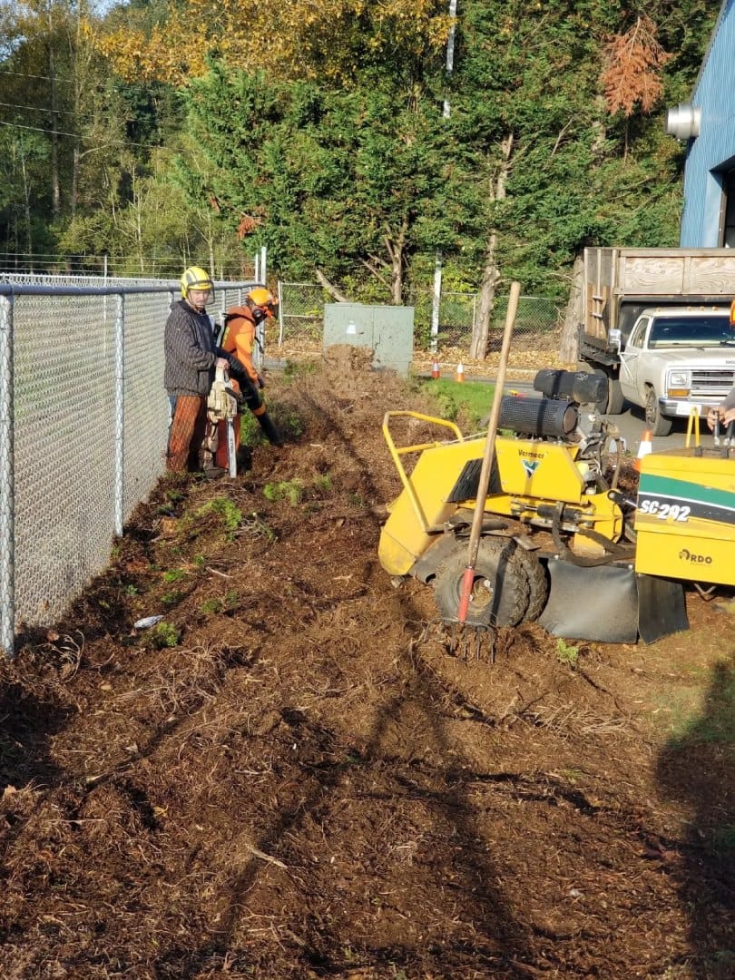 A man standing next to a fence with a tractor.